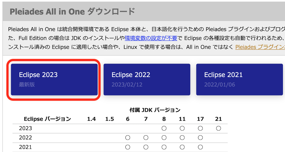 最新安定版のEclipse 20233(Pleiades All in One)をダウンロード